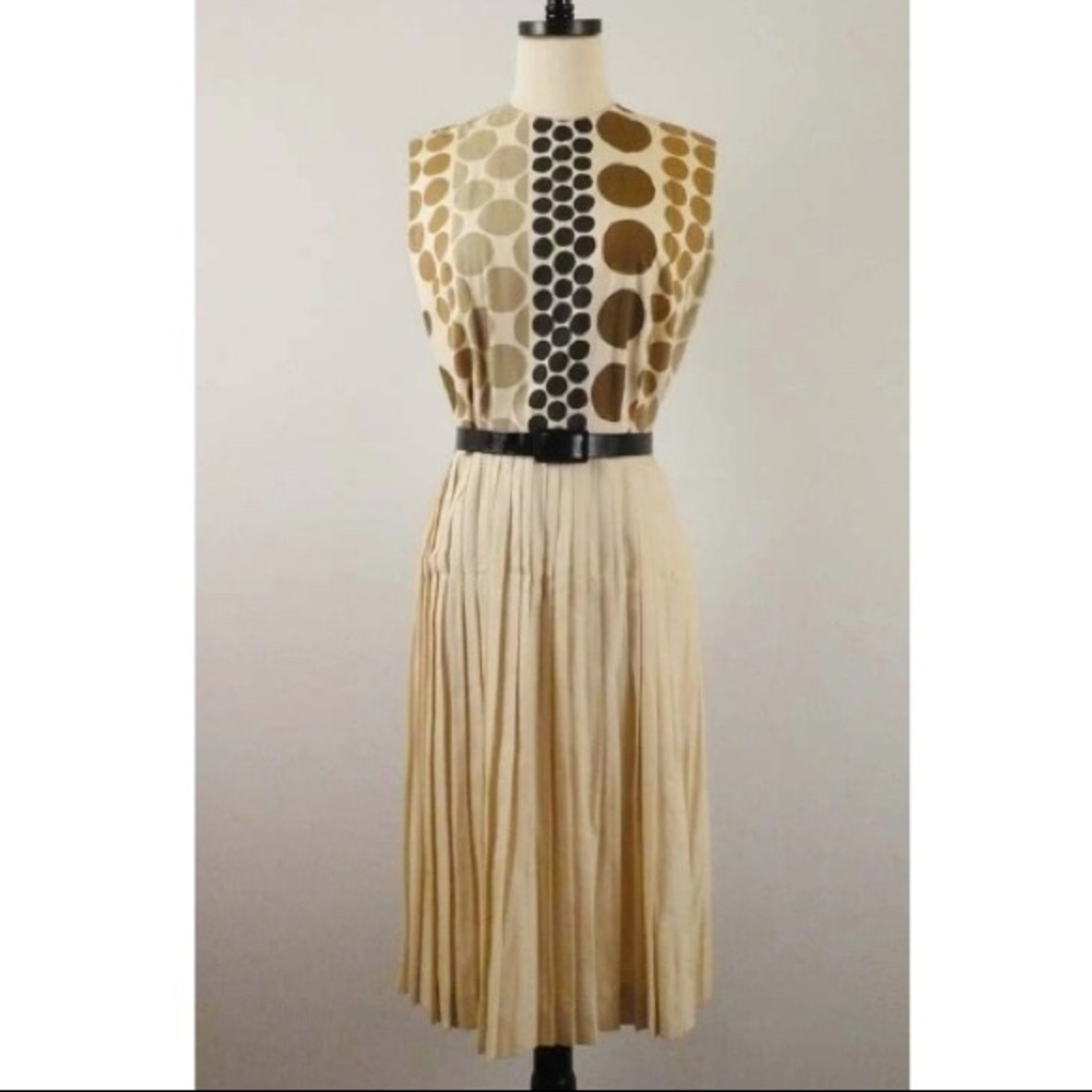Vintage Linen Earthtone Abstract Print Sleeveless Pleated Dress